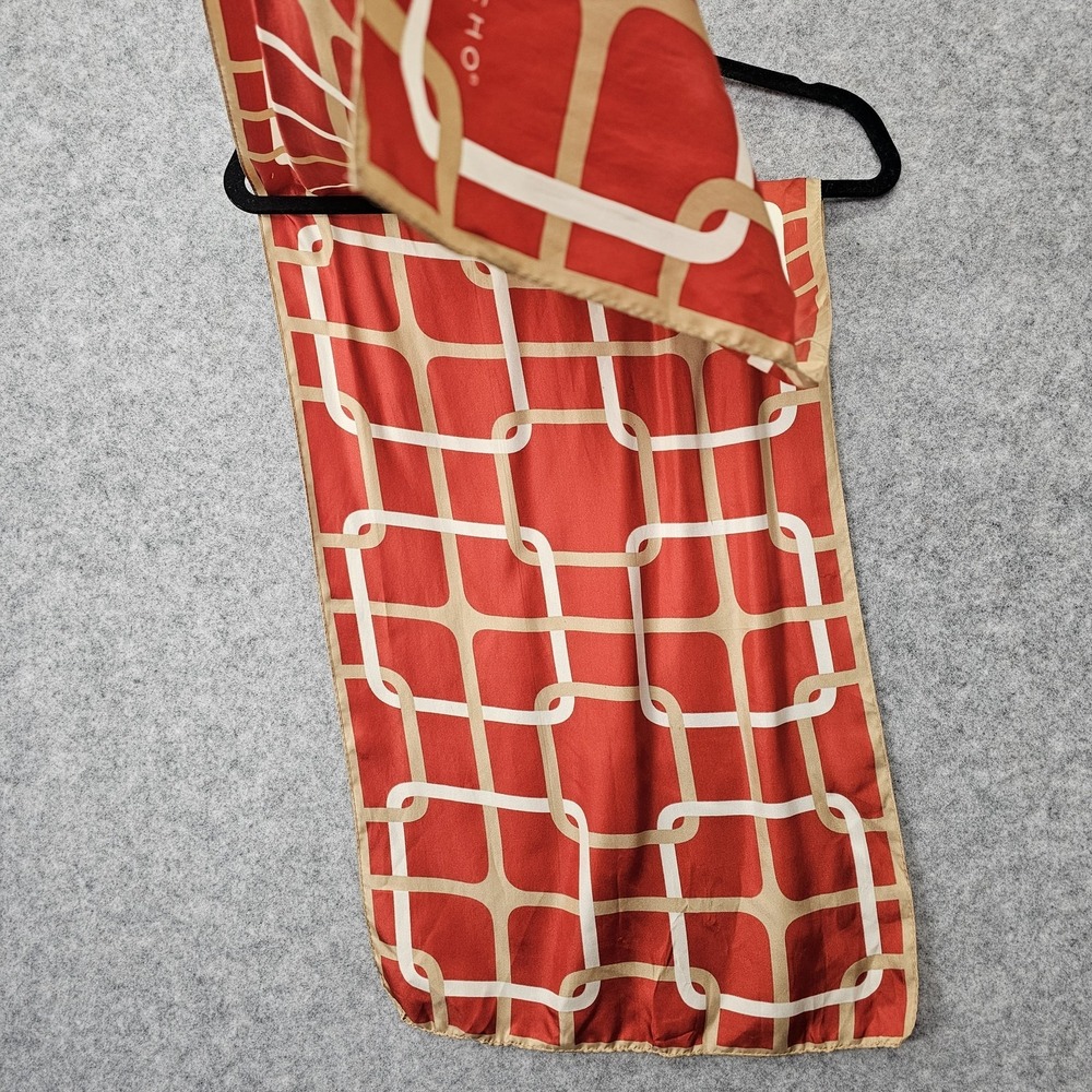 Echo Silk Scarf Women Red Tan Chain Link Designer Long Wrap Mod 70s Preppy 14x44 - Picture 10 of 11